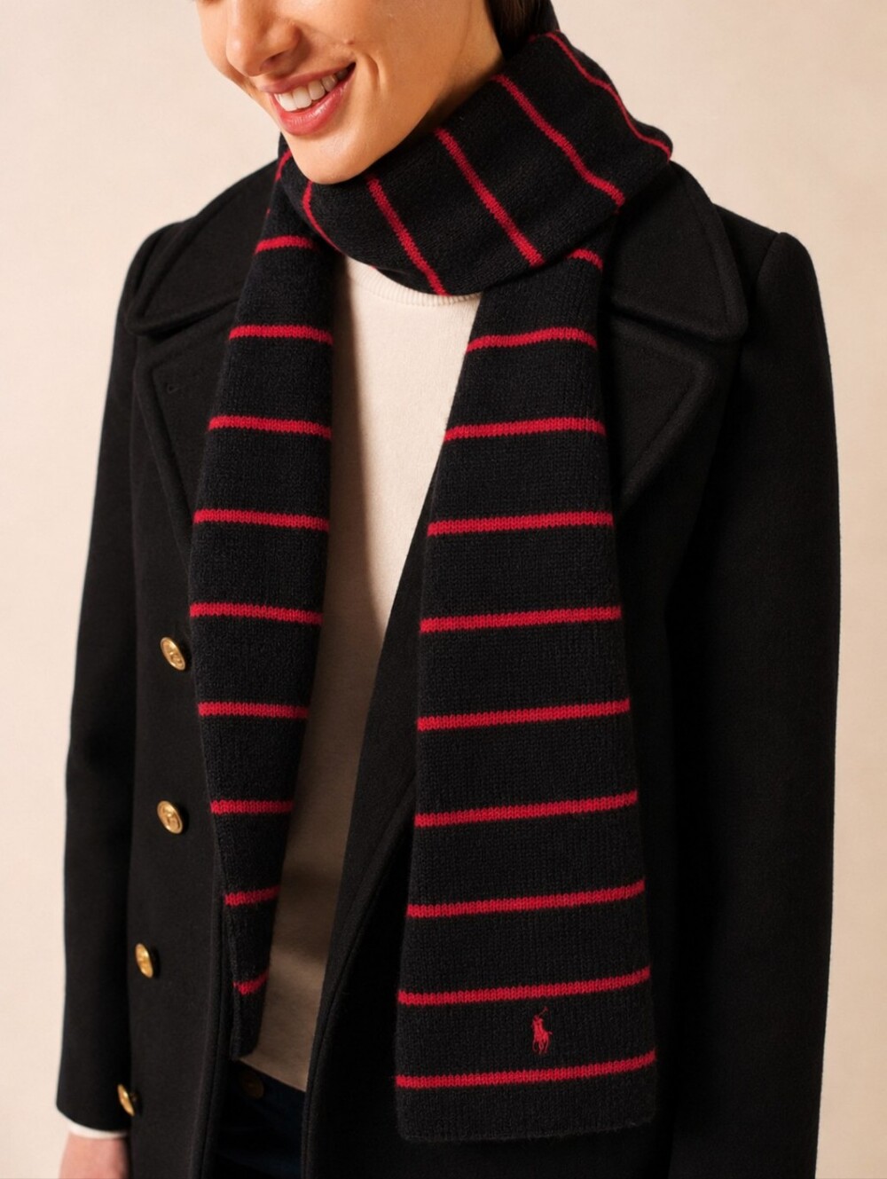 RALPH LAUREN Black Scarf Red Stripe Winter Warm Wrap Classic Accent